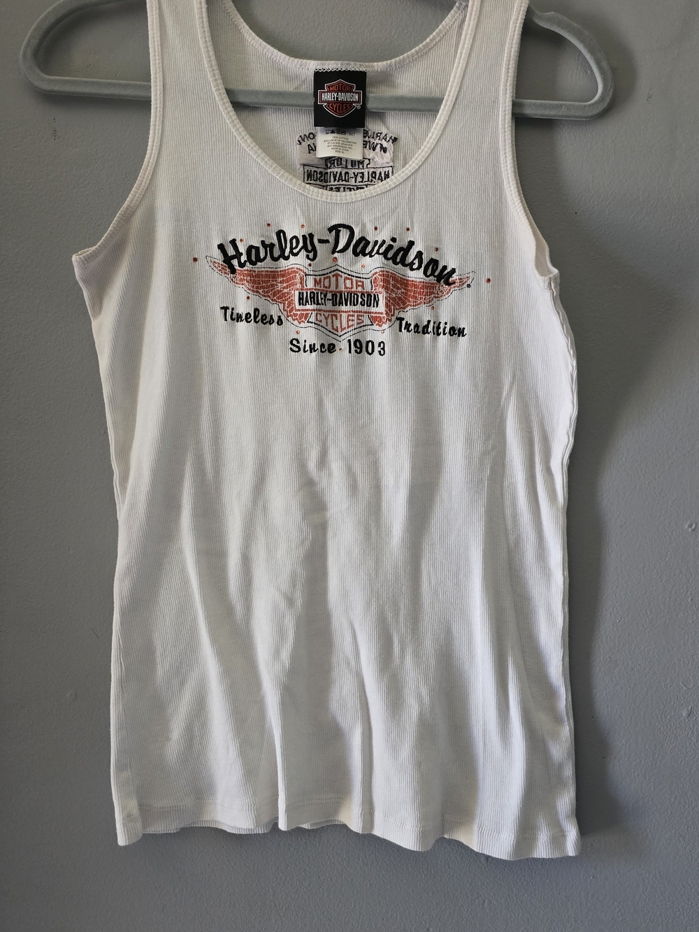 Harley-Davidson Bedazzled Embroidered White Tank Top with Orange and Black Logo